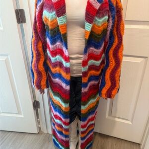 Handmade knit cardigan long duster multicolored stripes wave pattern sweater